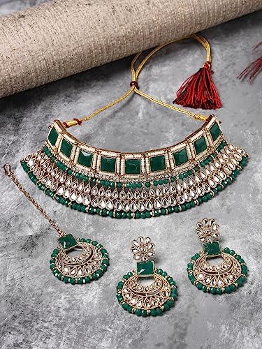 Sukkhi Classical Traditional Gold Plated Green Kundan & Beads Choker Necklace Set With Earring And Maangtika | Jewellery Set For Women (NS105552)