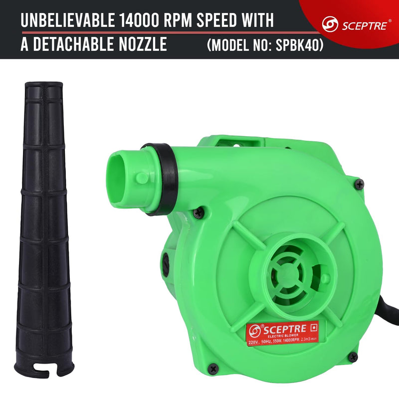 Sceptre SPBK-30 550W Electric Air Blower for Dust Cleaner and Suction 14000 RPM Airfoil Dust Extraction Blower Air Flow 170 km/hr with Unbreakable Body & Glossy Finish (Corded, Green)