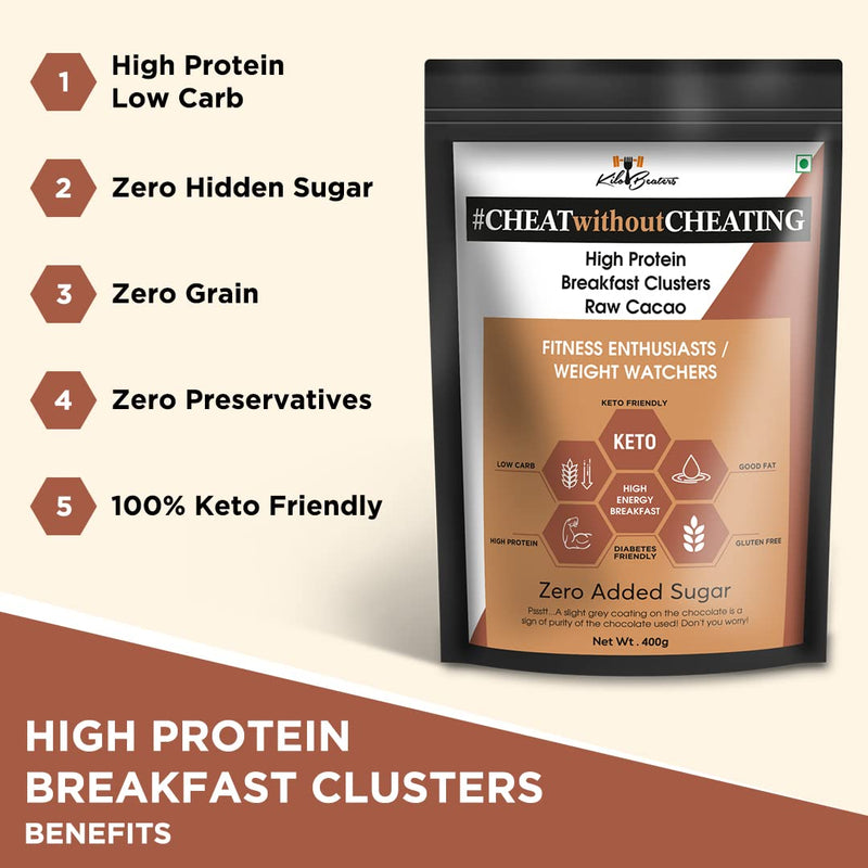 Kilobeaters Clusters Muesli, Low Carb Breakfast Cereals With High Protein, No Added Sugar, Diet Food, Raw Cacao (400 gm) Pack of 1