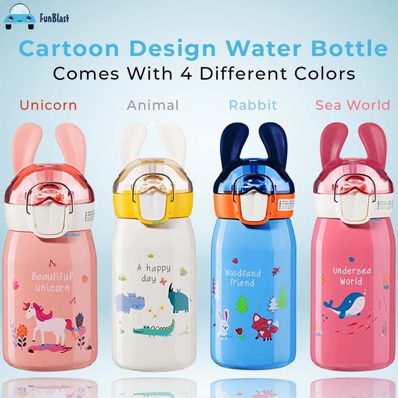 FunBlast Cartoon Design Hot and Cold Water Bottle for Kids - Double Walled Vacuum Insulated Stainless Steel Bottle, Insulated Stainless Steel Bottle, Thermos Flask with Straw (400 Ml)