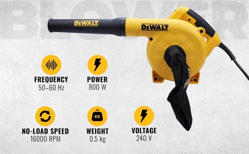 DEWALT DWB800 800W Corded Variable Speed Blower with Precise Projected Air Flow for Easy Blowing Operation for Household & Industrial Use, 2 Year Warranty, YELLOW & BLACK