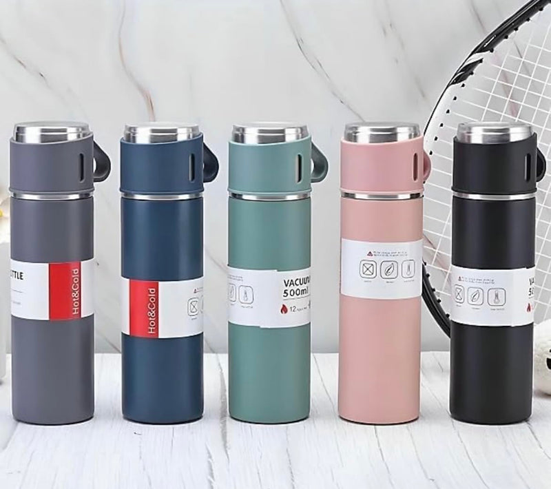 Kitchen Bloom Stainless Steel Vacuum Insulated Bottle Water Flask Gift Set with Two Cups Hot & Cold | Diwali Gifts for Employees | Corporate Gift Items | Vacuum Flast Set with 2 Mugs (Dark Blue)