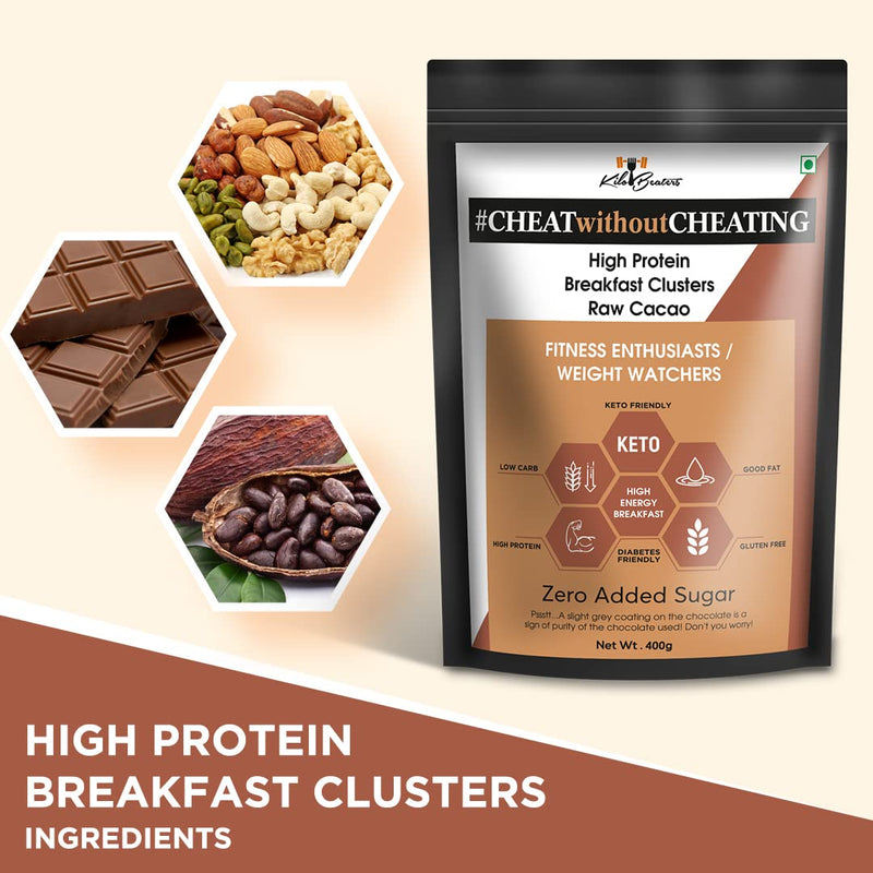 Kilobeaters Clusters Muesli, Low Carb Breakfast Cereals With High Protein, No Added Sugar, Diet Food, Raw Cacao (400 gm) Pack of 1