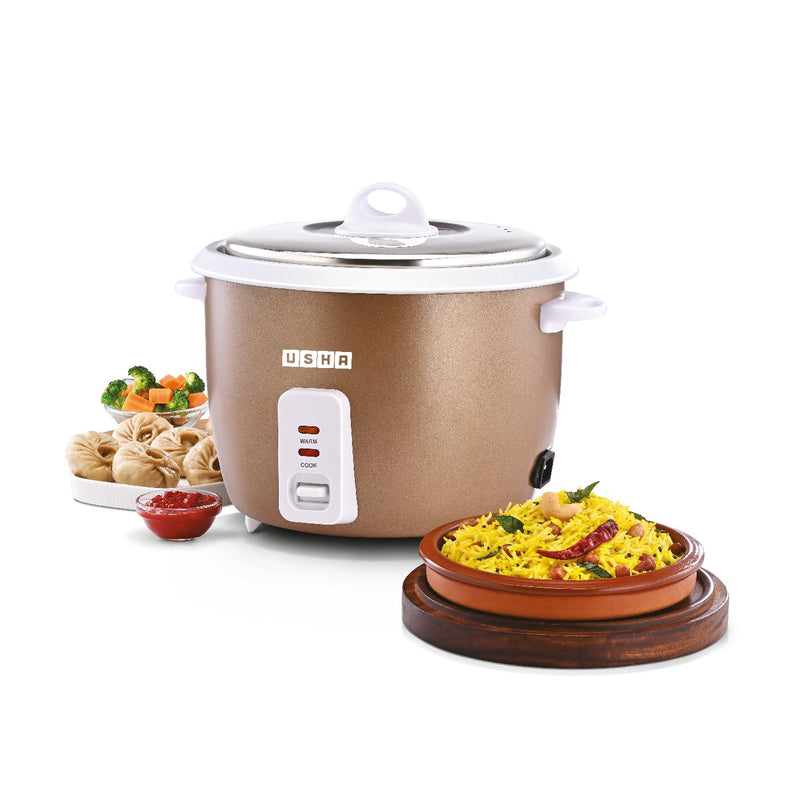 USHA RC18SS1 D 700 Watt 1.8 Litres Automatic Rice Cooker with Powerful Heating Element, Keep Rice Warm for 5 Hrs, Steamer, Trivet Plate & more accessories, 5 Yrs Warranty (Gold),with stainless steel lid