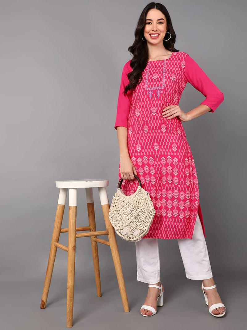 Vaamsi Women's Crepe Ethnic Motifs Printed Straight Kurta (VPK1676_Pink_L)