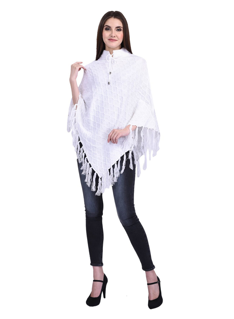 eWools Women Ladies Girls Winter Wear Round Neck Self Design Woolen Cardigans Sweaters Shrugs Latest Poncho (B2_X-Large) White