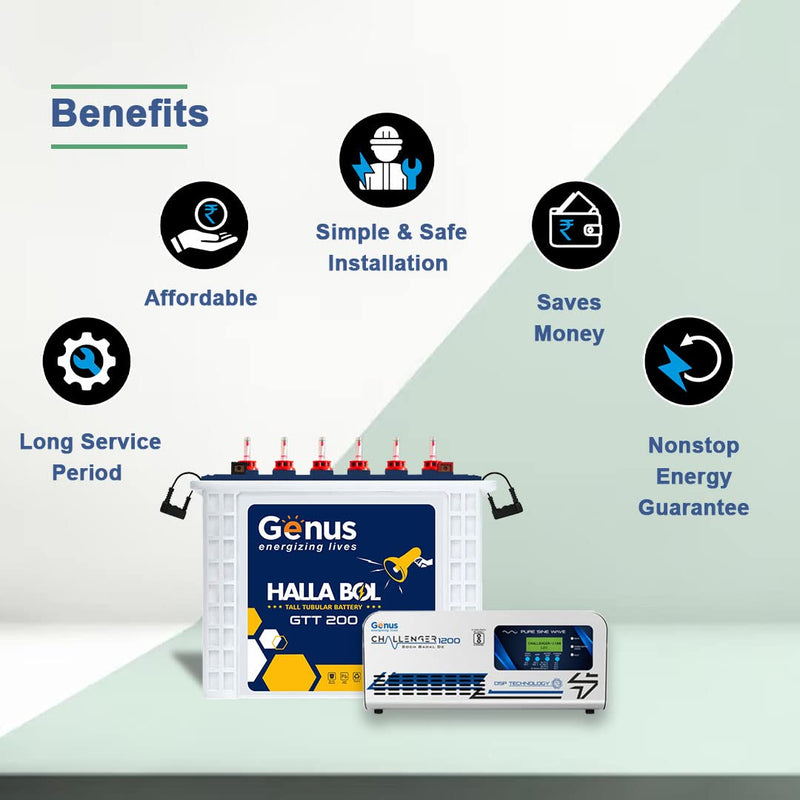 Genus Inverter with Battery - Challenger 1200 + 165Ah GTT200 72 Month - Pure Sine Wave Technology That is Best for Home & Office Appliances Safety - Has Unique Battery Revival Mode