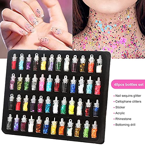 URBANMAC Nail Art Kit - 48 Pcs Glass Bottles Glitter Stones, 100 Nails,10 Nail Tapes, 15 Nail Art brush, 5 Nail Dotting Pen with 2 Glue (Nail Art Kit)