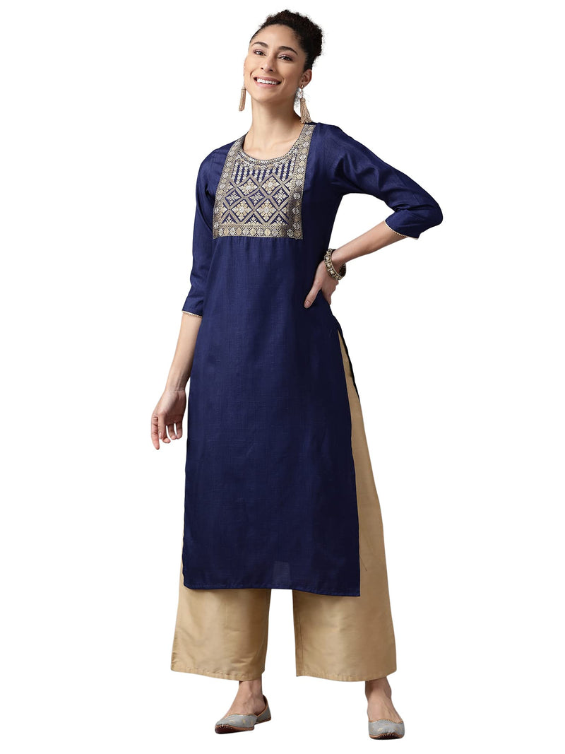 INDO ERA Women's Yoke Design Polyester Calf Length Straight Kurta (KT9NB2753_Navy Blue_Small)