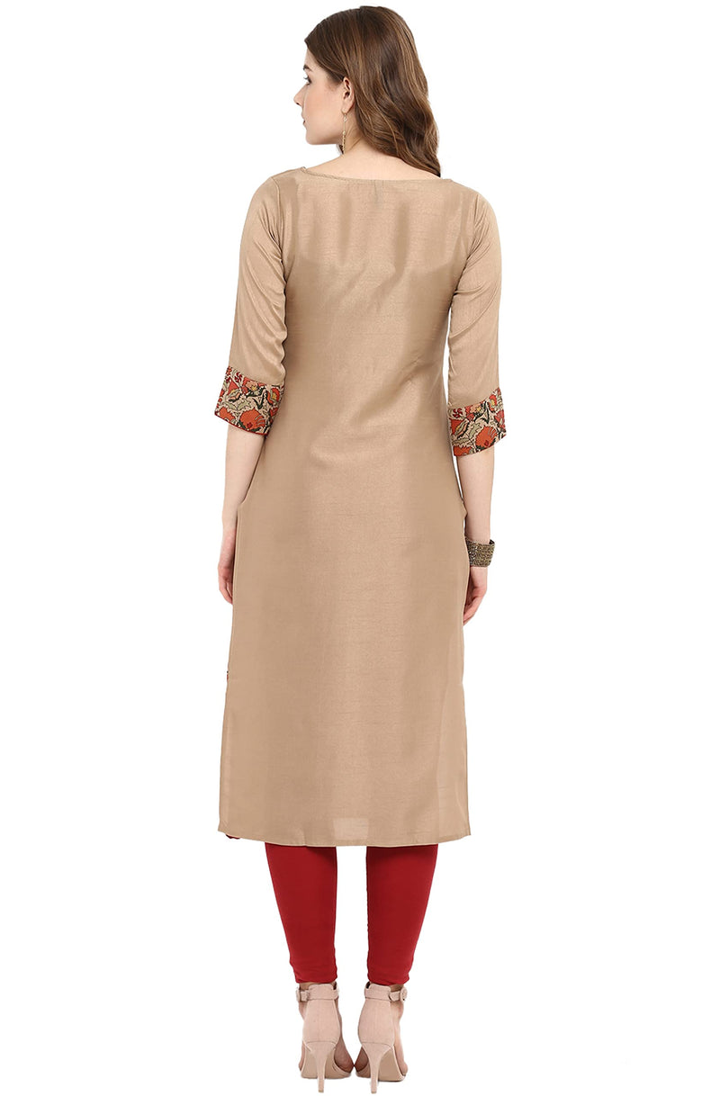 Janasya Women's Light Brown Poly Silk Floral Printed Straight Kurta(JNE2305-KR-Light Brown-J-L)