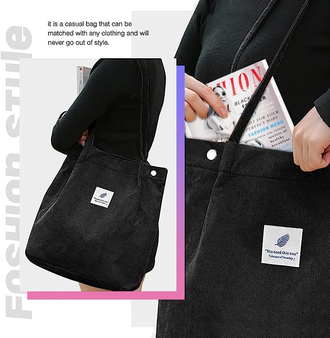 Kawn® Women Corduroy Tote Bag Canvas Shoulder Cord Purse Reusable Shopping Bag Grocery Bag Large Capacity Washable Handbag Girls Shoulder Bag with Inner Pocket For Daily Use Work Travel (Black)