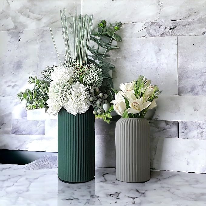 NEELAYA Premium Ribbed Ceramic Flower Vase for Living Room - Decorative Showpiece Plant Vases for Home Decor, Bedroom, Gift - Matte Finish - Set of 2 (Green - 20.5 cm & Grey -15.3 cm)