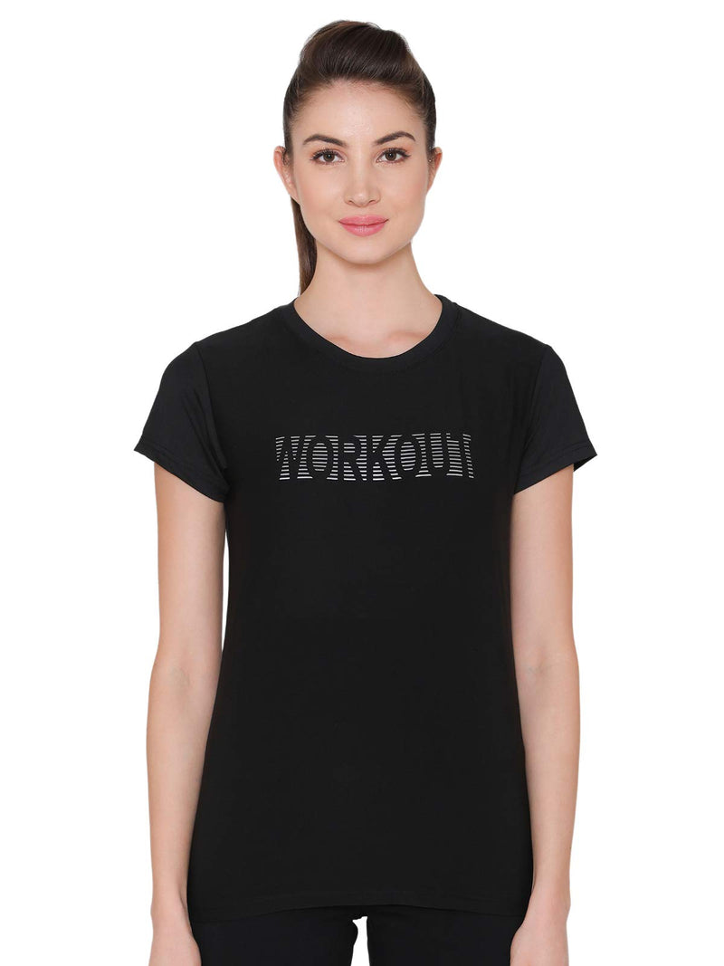 Clovia Women's Gym/Sports Text Print Activewear T-Shirt (AT0112P13_Black_L)