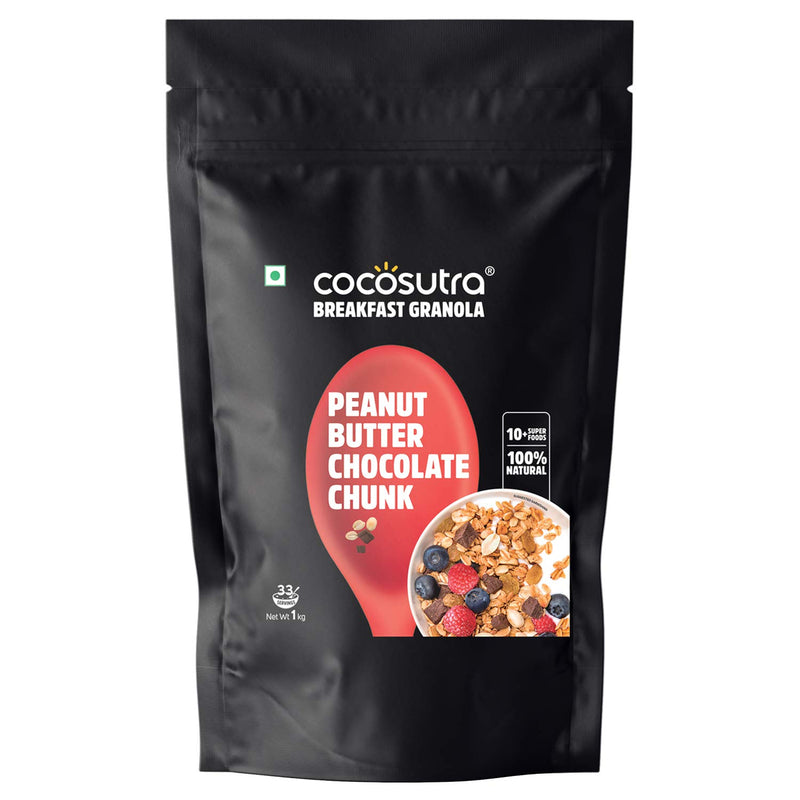 COCOSUTRA Peanut Butter Chocolate Chunk Breakfast Granola 1 kg | 100% Natural, Vegan & Gluten Free | High Protein Cereal with Oats, Nuts, Seeds and Dry Fruits | Lightly sweetened with Jaggery