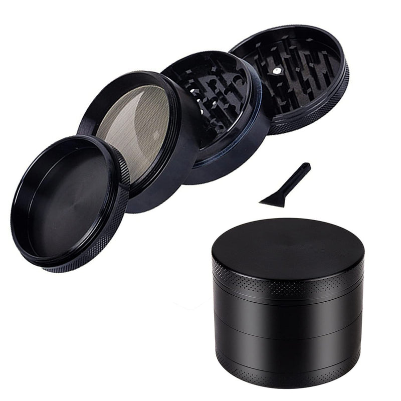 Xtore Small Size Spice Herb Grinder with Pollen Catcher and Brush, Two Filtration Mesh Screens - (Solid Black)