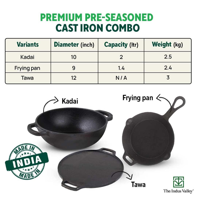 The Indus Valley Pre-Seasoned Cast Iron Cookware Set + Free Iron Tadka Pan | Tawa(30.2cm)+ Kadai(25.4cm/2.3L)+ Fry pan(23cm/1.4L) | Kitchen Cooking Combo Pots and Pans Set of 4Pcs | Naturally Nonstick