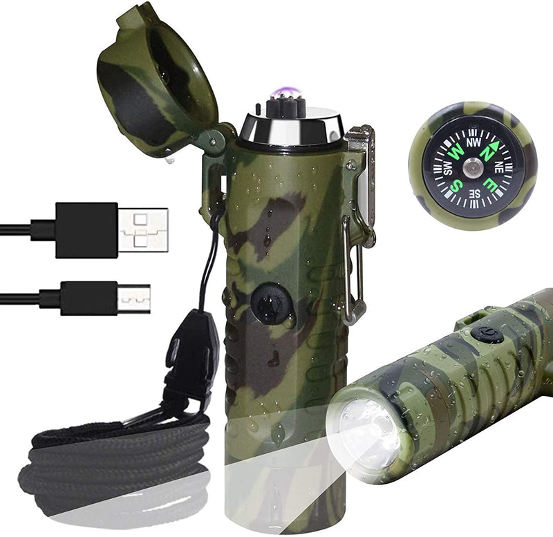 EzLife 3 in 1 Waterproof Rechargeable Electric Lighter with Flashlight & Compass, Dual Arc Plasma Beam Lighter-USB Rechargeable-Windproof-No Butane-Indoor & Outdoor Activities (Camouflage)