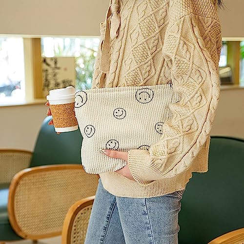 Inralimot Cosmetic Bags for Women - Corduroy Cosmetic Bag Aesthetic Women Handbags Purses Smile Dots Makeup Organizer Storage Makeup Bag Girls Case Bags (Beige)