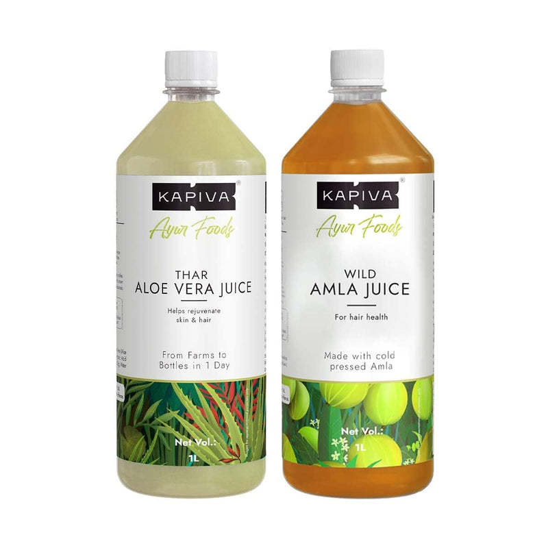 Kapiva Wild Amla Juice 1L + Kapiva Thar Aloe Vera Juice (with Pulp) | Cold-pressed Juice Combo to Help with Glowing Skin, Hair Care, and Detox (1L)