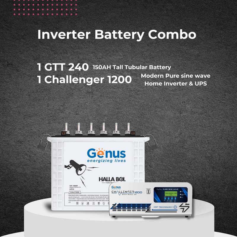 Genus Inverter & Battery Combo (Challenger 1200 Pure Sine Wave 900VA/12V Inverter, Halla BOL GTT240 Tall Tubular 150Ah Inverter Battery) for Home & Office