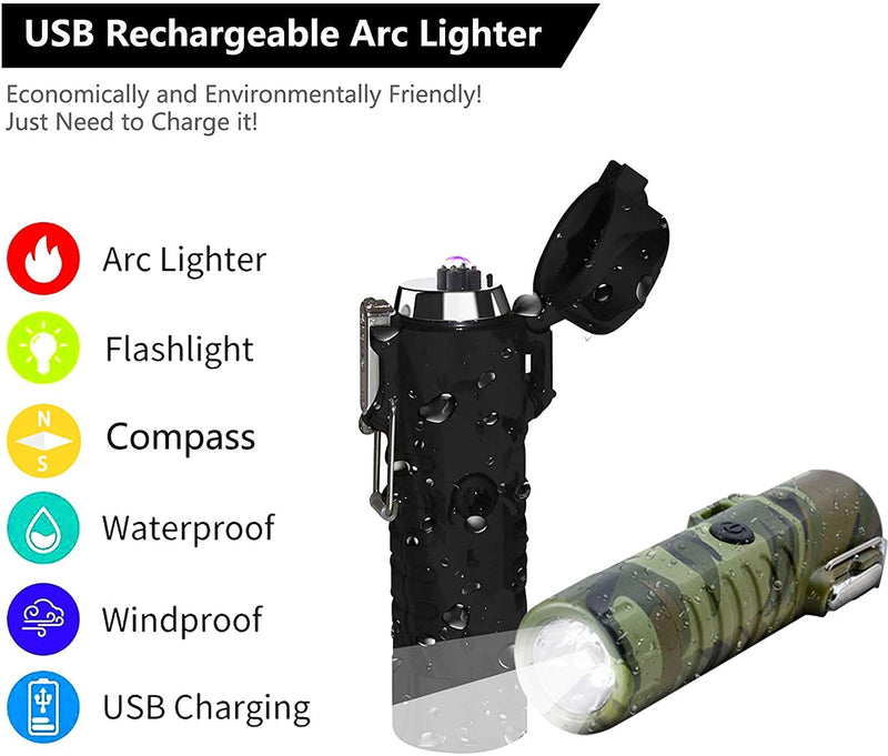 EzLife 3 in 1 Waterproof Rechargeable Electric Lighter with Flashlight & Compass, Dual Arc Plasma Beam Lighter-USB Rechargeable-Windproof-No Butane-Indoor & Outdoor Activities (Camouflage)