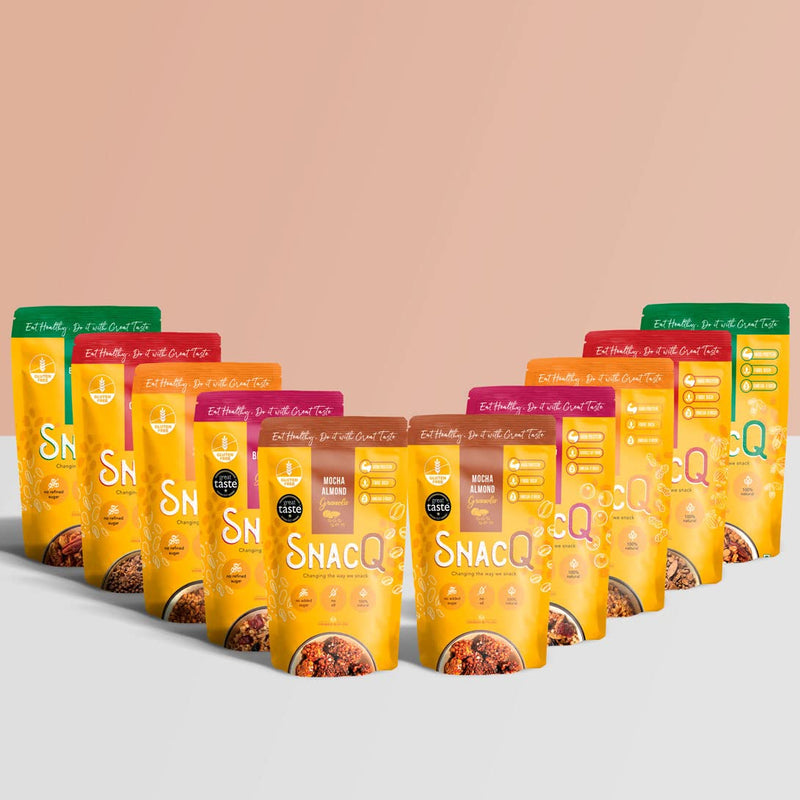 SnacQ Granola Assorted Sampler Pack – 40 Grams (Pack of 10) | Tasty Healthy Breakfast Granola and Snack | Protein Rich Granola | No Added Sugar, No Oil, No Preservatives | 5 Exciting and Unique Granola Flavours