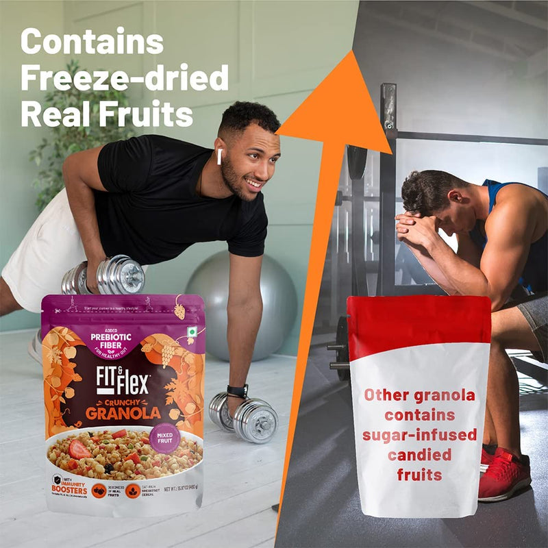 Fit & Flex Baked Granola | Mixed Fruit | Oat Rich Cereal with Real Freeze Dried Fruits | Ready to Eat Healthy Breakfast Food | Cholesterol Free with Immunity Boosters - 275 GM