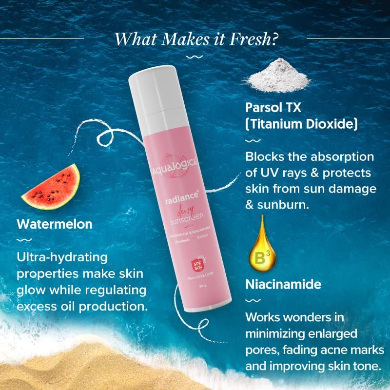 Aqualogica Radiance+ Dewy Sunscreen SPF 50 PA+++ 50g - With Watermelon & Niacinamide for Radiant Skin - Deep Moisturization, Protects from UVA/B for Men & Women