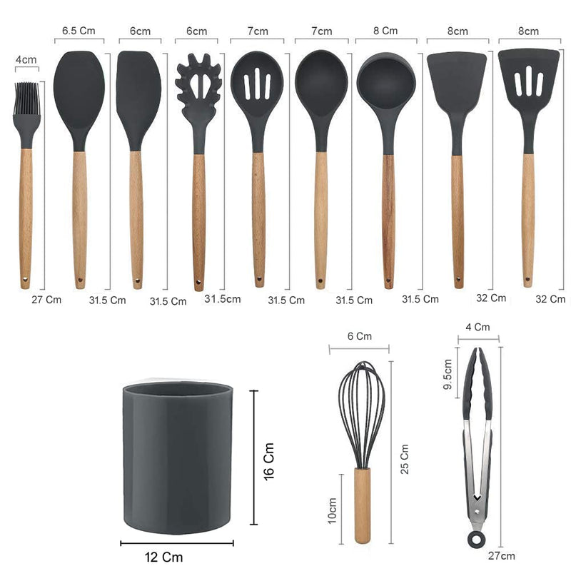 Whitecloud TRANSFORMING HOMES® 12pcs Wooden Handle Silicone Cooking Spoon Set High Temperature Resistant Silicone Spatula Kitchen Utensils (Grey)