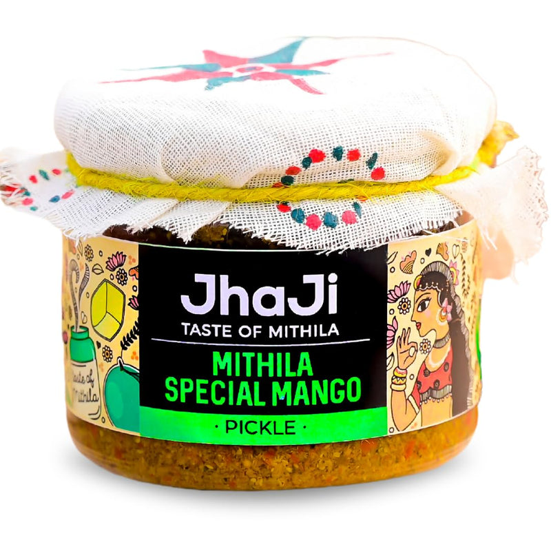 Jhaji Store's Mithila Special Mango Pickle | Bihari Style Aam Ka Achaar | Tangy and Spicy | Masaledaar & Khatta | 1-Inch Mango Pieces | Sun-Dried. No Artificial Preservatives & Colors | Bihari-Style Homemade Pickle, 250g