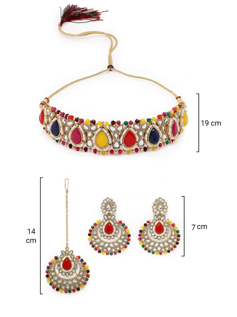 Sukkhi Incredible Drop Shaped Multicolor Kundan & Beads Choker Necklace Set With Earring And Maangtika | Jewellery Set For Women (NS105632)