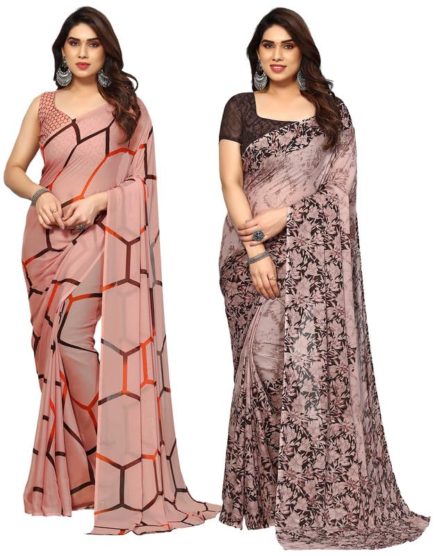 SIRIL Women's Printed Georgette Saree with Unstitched Blouse Piece Combo Pack of 2 (3112S2154_3112S2156_Light Brown & Dark Brown)