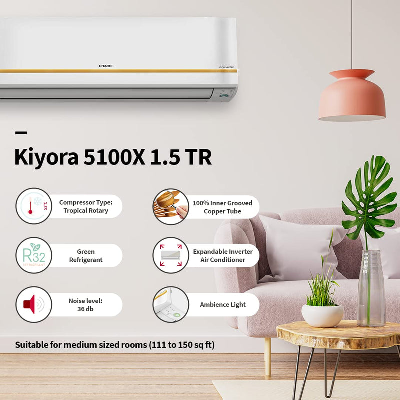 Hitachi 1.5 Ton 5 Star Inverter Split AC (Copper, Dust Filter, 2022 Model, RSRG518HFEOZ1, White)