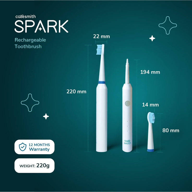 Caresmith Spark Rechargeable Electric Toothbrush | 6 Operating Modes | 40000 Vibrations per Minute | 2 Brush Heads (White)