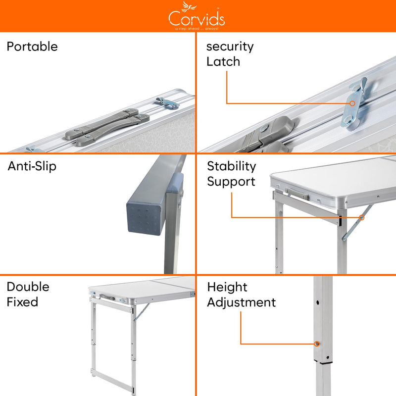 Corvids 4 Feet Multipurpose Aluminium Folding Camping Table with Carrying Handle | Height Adjustable Table for Picnic, Hiking, Garden, Home, Office, Outdoor & Indoor Use