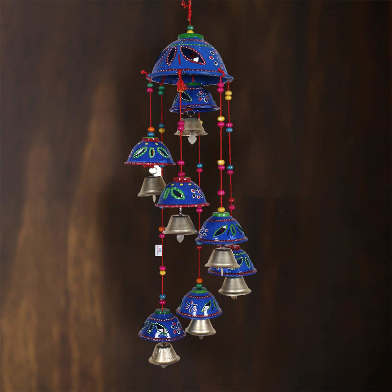 Heart Home Rajasthani Design Handcrafted Hanging Windchimes|Latkan with 8 Bells for Home Décor & Positive Energy,Pack of 2 (Blue)