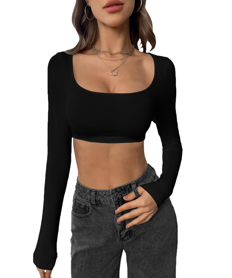 Women's Cotton Stylish Western Basic Solid Wear TV Oval Neck with Full/Long Sleeve Crop Top for Women L283 4174 (S, BLK)