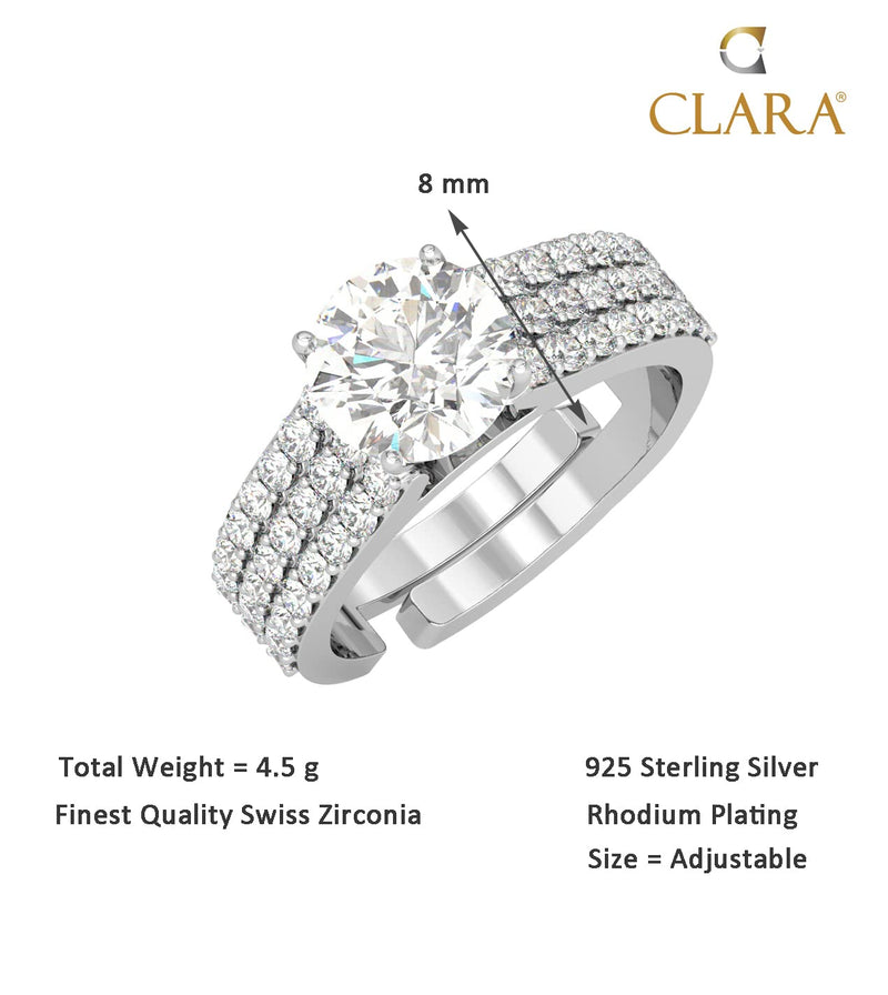 Clara Pure 925 Sterling Silver Statement Solitaire Finger Ring with Adjustable Band | Gift for Women Girls Wife Girlfriend | Swiss Zircon Rhodium Plated