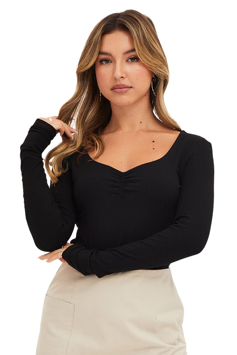 SIGHTBOMB Sweetheart Neck Ruched Front Full Sleeves Ribbed Tops for Women (Small-Medium, Black)