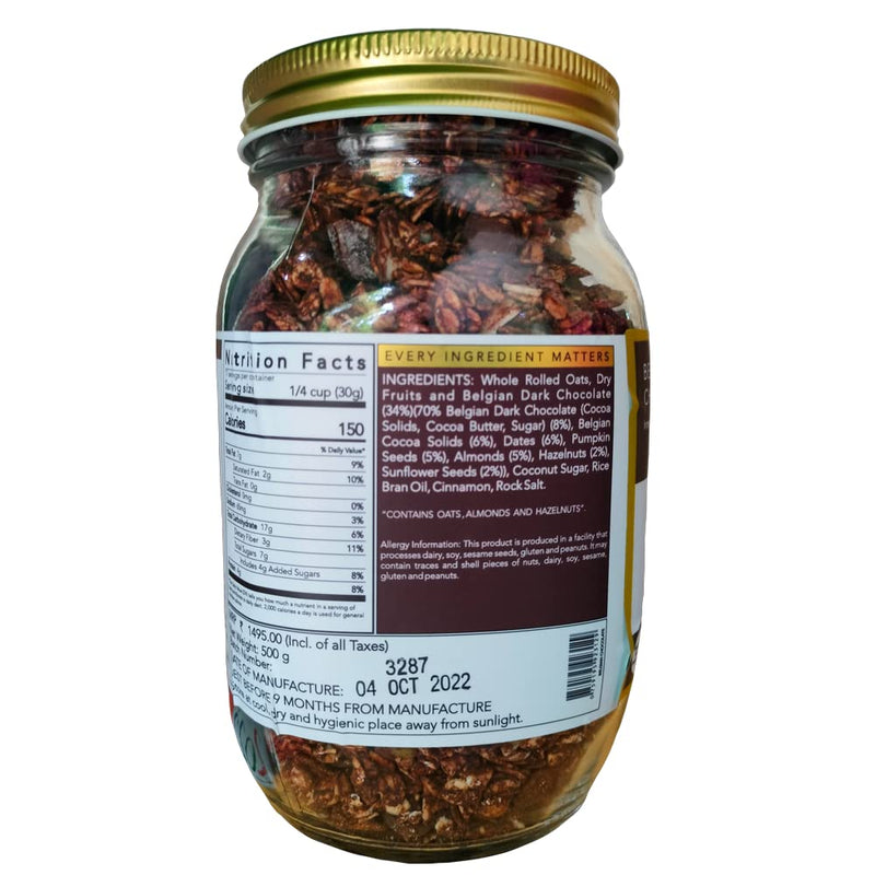 thenibblebox Belgian Dark Chocolate Granola 500g, Jar [34% dry fruits, Gluten free, Plant based/Vegan friendly, No preservatives/additives]