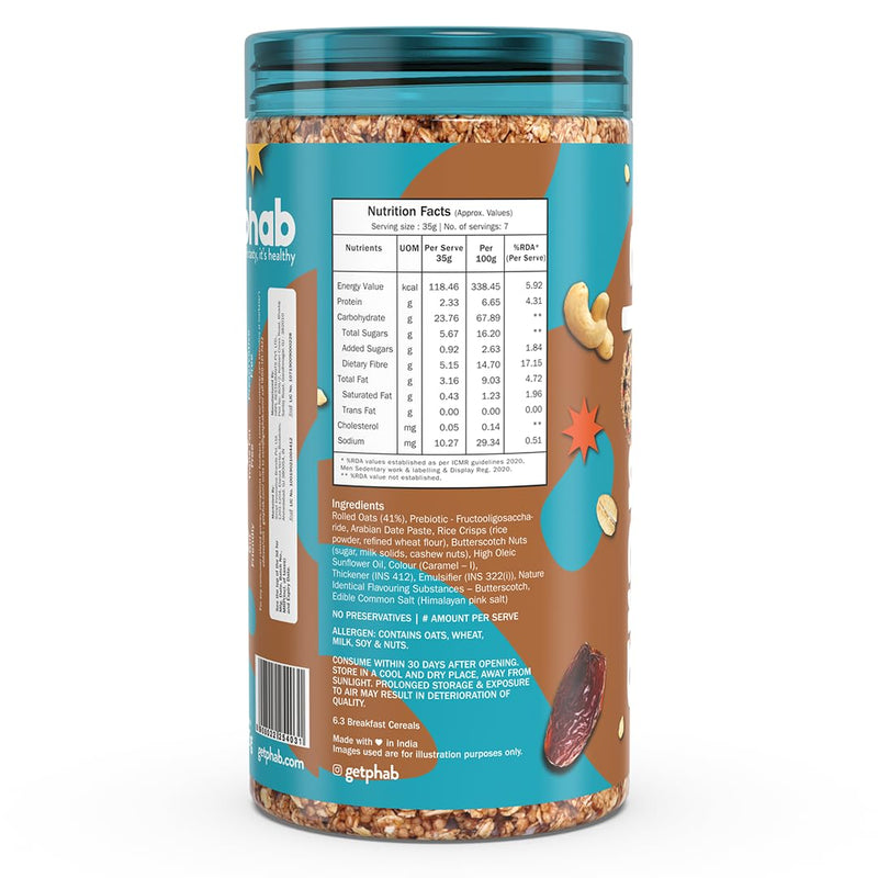 Phab - Crunchy Granola Cereals - Caramel Crunch 245g | Breakfast Superfood with High Fiber | 41% Oats | Butterscotch Nuts, Arabian Dates & Pre-Biotics