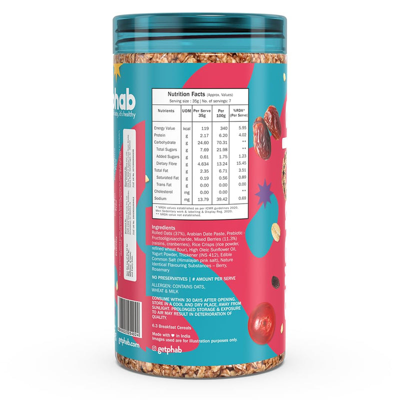 Phab - Crunchy Granola Cereals - Very Berry Blast 245g | Breakfast Superfood with High Fiber | 37% Oats | Golden Raisins, Arabian Dates, Cranberries & Pre-Biotics