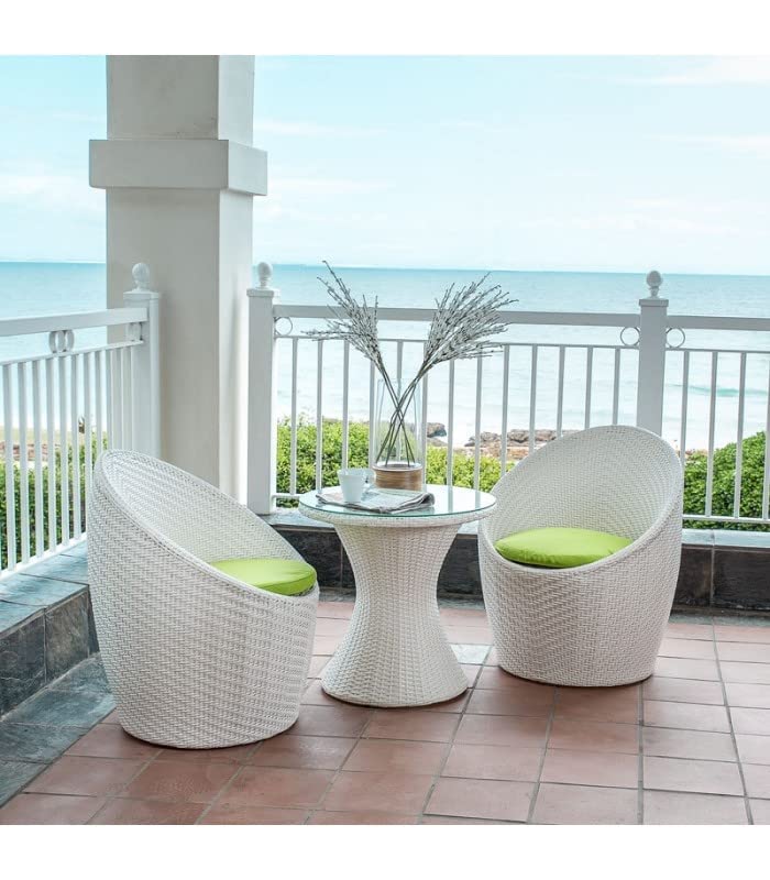 Jiomee Furniture™ Apple Patio Wicker Chair Garden Patio Seating Chair and Table Set Indoor Outdoor Balcony Garden Coffee Set 2 Chairs 1 Table (White)