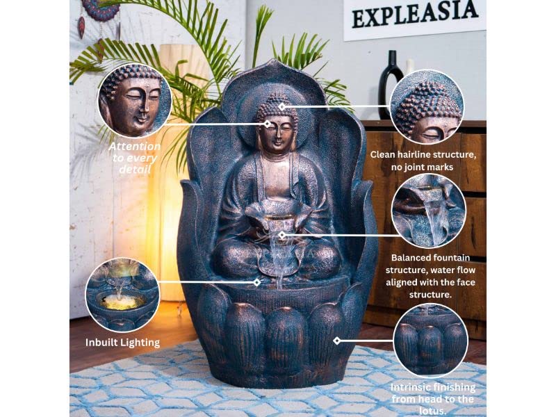 EXPLEASIA Embossed Leaf Buddha Water Fountain for Home, Office, Garden | Housewarming Gift| with Maintenance Kit| Home Decor Water Fountain, Buddha Water Fountain (Antique Jade Green Copper)