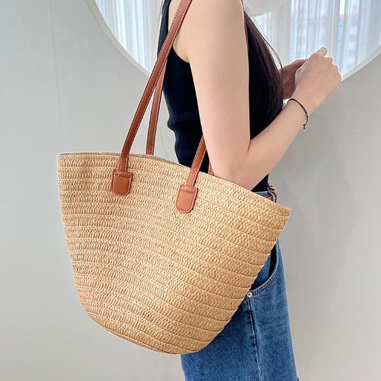 MAIRO LIFESTYLE Straw Wicker Handmade Boho Summer Beach Shoulder Bag (Classic Beige) (Brown 2)