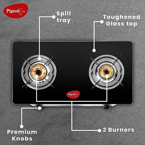 Pigeon by Stovekraft 2 Burner Glass Cook Top Gas Stove (Manual Ignition), Tawa with Stainless Steel Body and Nonstick Fry Pan Cookware Combo (Black, 240mm, 250mm, 14722)