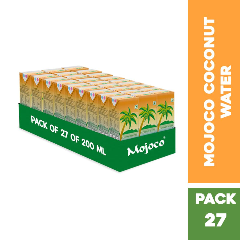 MOJOCO - Tender Coconut Water (27x200ml) | Pure and Raw Coconut Water | Enriched with Vitamins & Minerals | No Artificial Flavors, Fragrance, Sugar Additives, or Sweeteners | Nariyal Pani On-The-Go