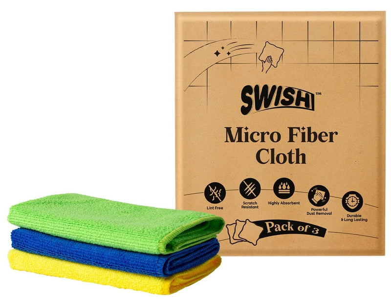 Swish Microfiber Cloth for Cleaning, 30 X 30 cms, Pack of 3, Microfiber Cloth for Car, Bike & Kitchen Cleaning | Super Absorbent and Sustainable | Ecofriendly