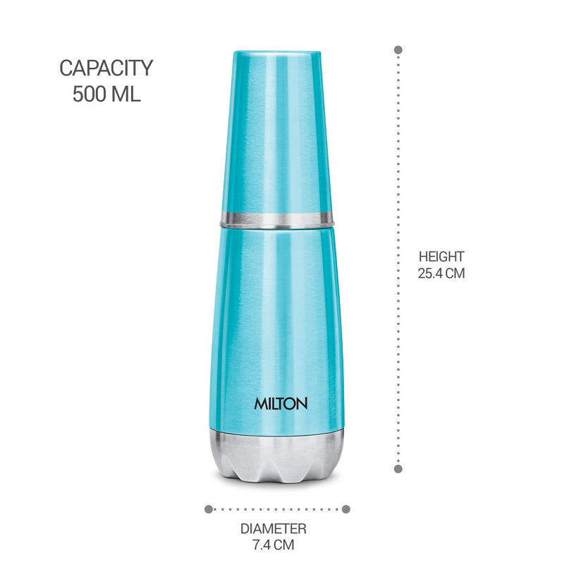 Milton Vertex Steel 500 Thermosteel 24 Hours Hot or Cold Water Bottle with Unbreakable Tumbler, 500 ml, Metalic Sky Blue