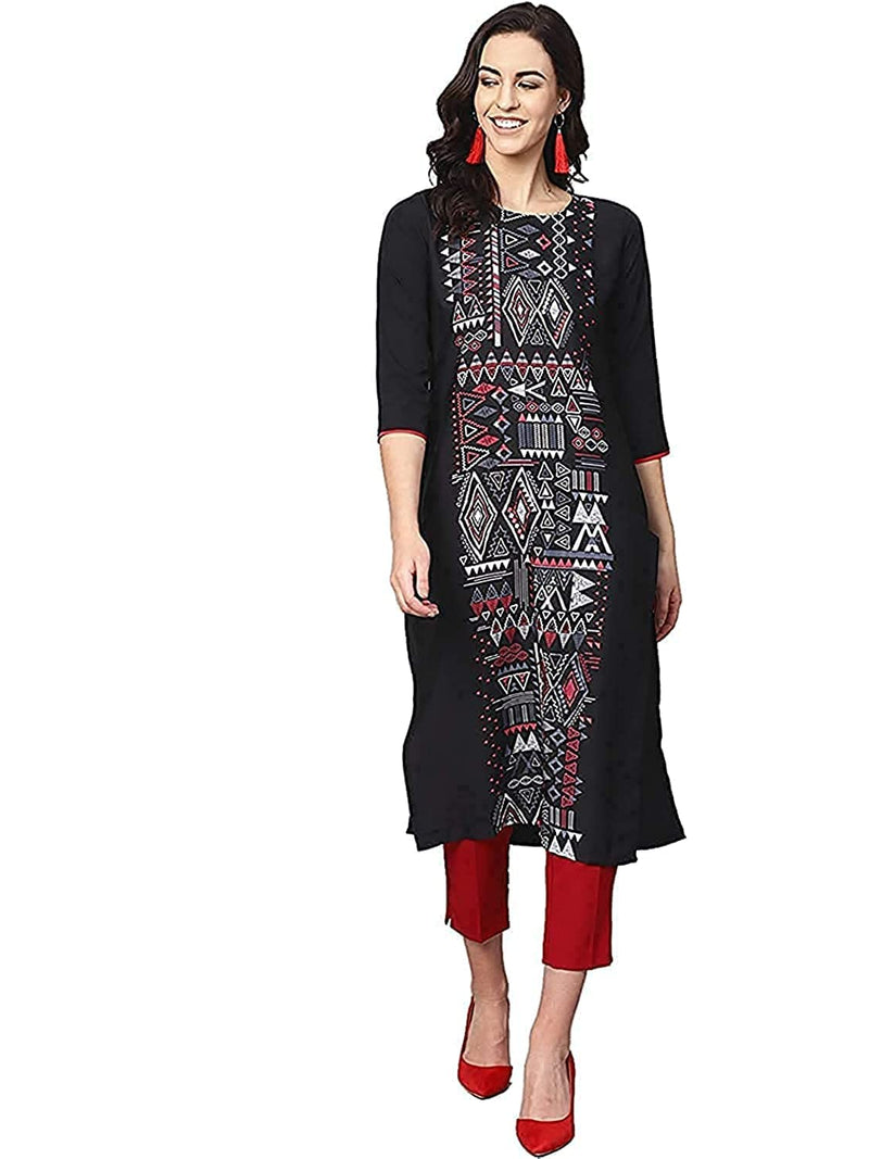 Vaamsi Women's Polyester Abstract Printed Straight Kurta (VPK1619A_Black_XXL)